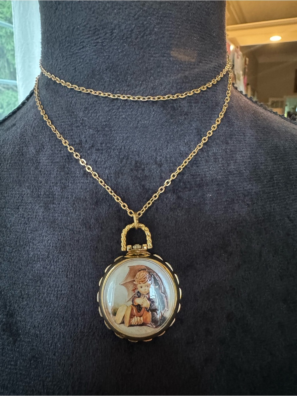 Vintage Hummel "Umbrella Girl" Pocket Watch Necklace